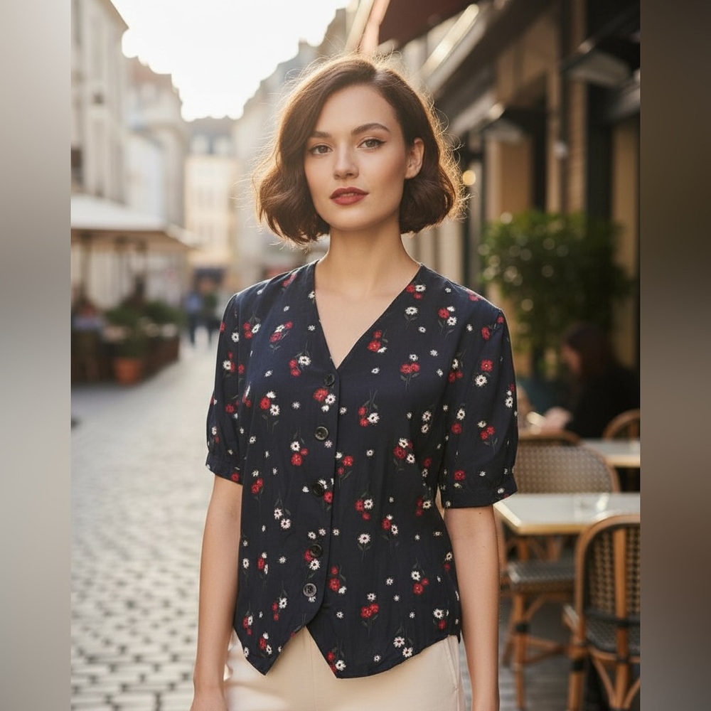 Sag Harbor Petite Black Floral Dainty French-Style Blouse Size Medium
